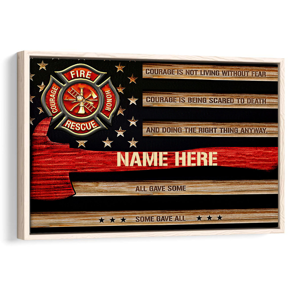 Framed firefighter wall art featuring a fire rescue emblem, stars, red woodgrain stripes, and inspirational text