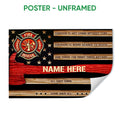 Unframed firefighter poster featuring a fire rescue emblem, stars, red woodgrain stripes, and inspirational text