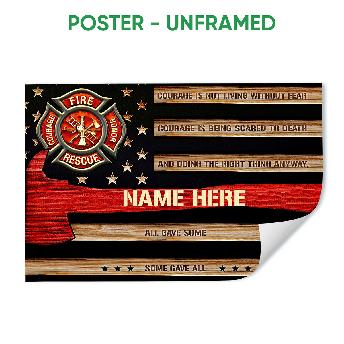 Unframed firefighter poster featuring a fire rescue emblem, stars, red woodgrain stripes, and inspirational text