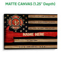 Matte canvas firefighter wall art with a fire rescue emblem, black background, stars, and red woodgrain design