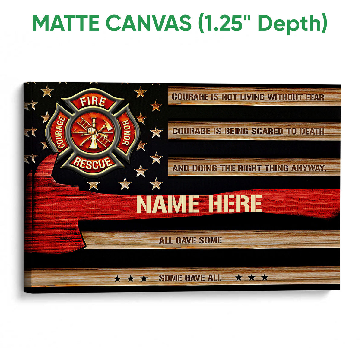 Matte canvas firefighter wall art with a fire rescue emblem, black background, stars, and red woodgrain design