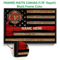 Framed firefighter canvas wall art shown with a black frame and close-up view of the frame edge