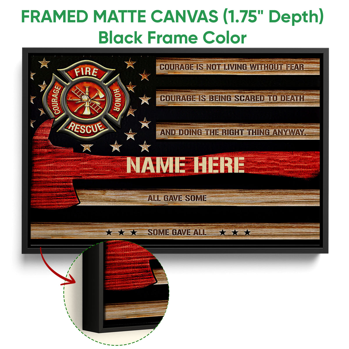 Framed firefighter canvas wall art shown with a black frame and close-up view of the frame edge