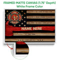 Framed firefighter canvas wall art shown with a white frame and close-up view of the frame edge