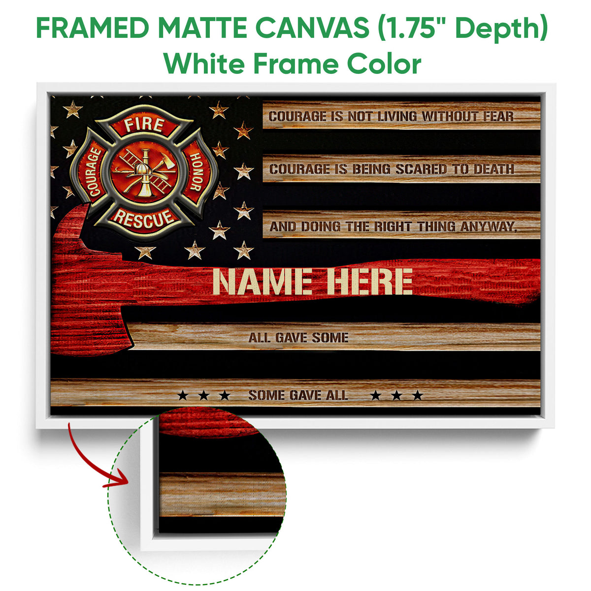 Framed firefighter canvas wall art shown with a white frame and close-up view of the frame edge
