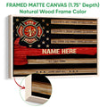 Framed firefighter canvas wall art shown with a natural wood frame and close-up woodgrain detail