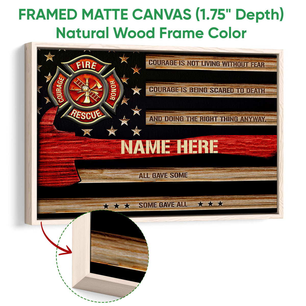 Framed firefighter canvas wall art shown with a natural wood frame and close-up woodgrain detail