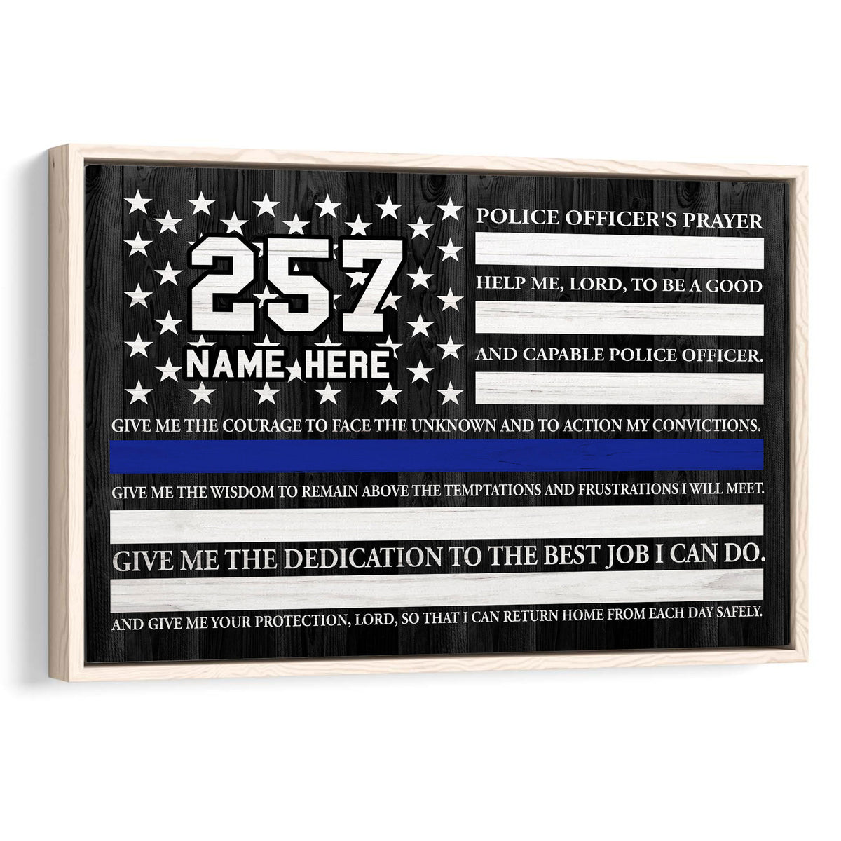 Framed police officer prayer wall art with stars, blue line accent, and black wood-style background