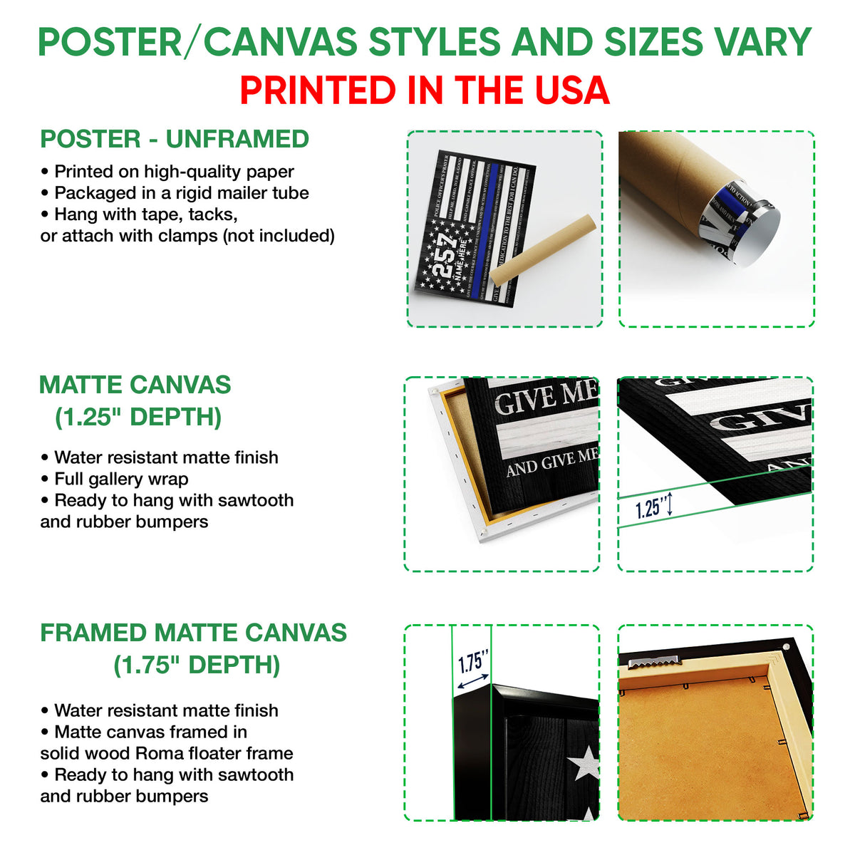 Police prayer wall art poster and canvas format guide showing unframed, canvas, and framed options