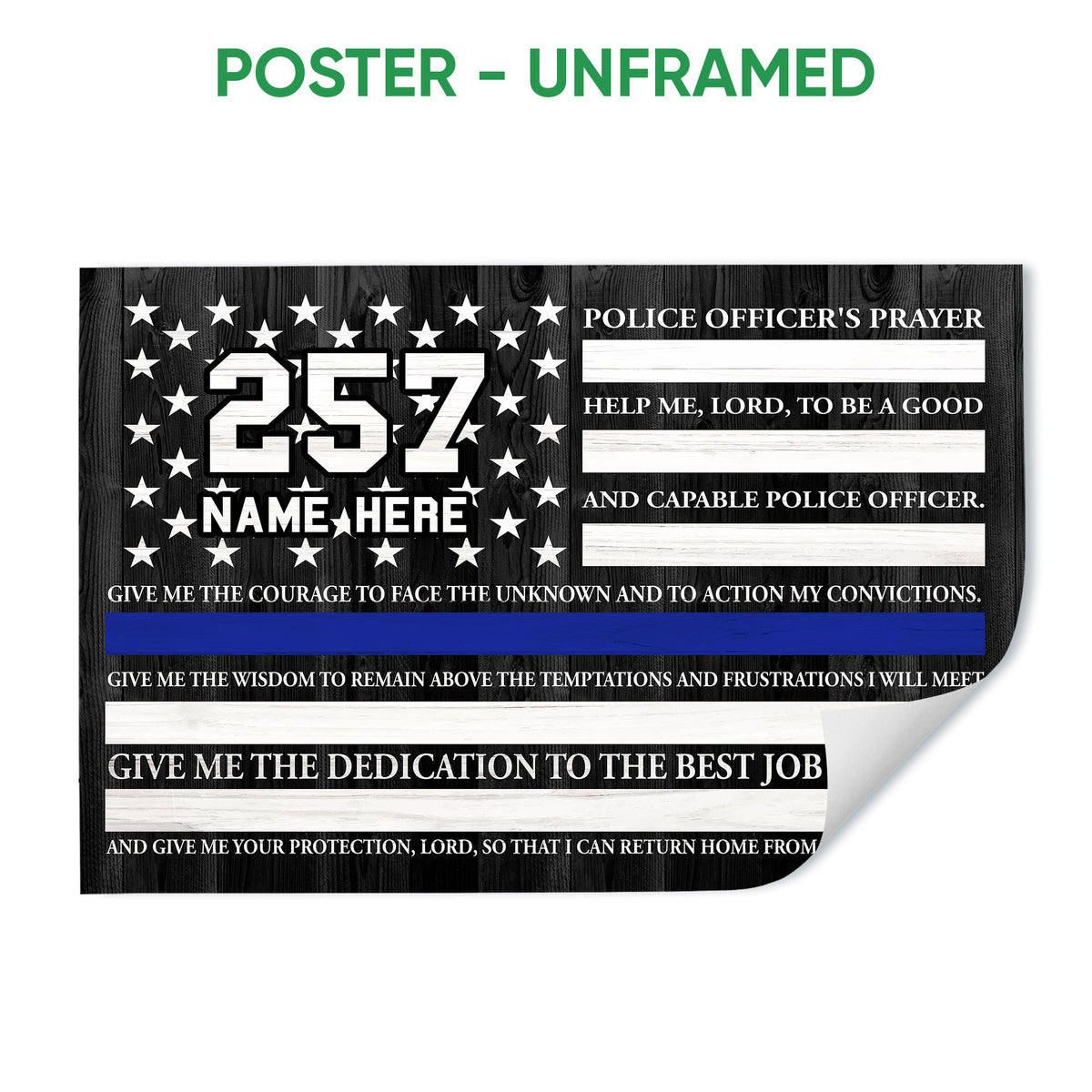 Unframed police officer prayer poster with white stars, blue line accent, and black background