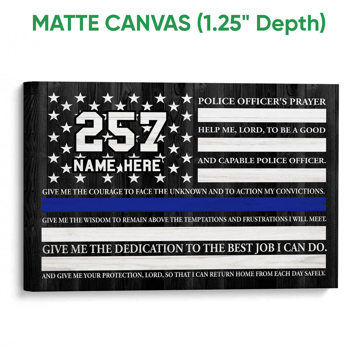 Matte canvas police officer prayer wall art with a black wood-style background and blue accent