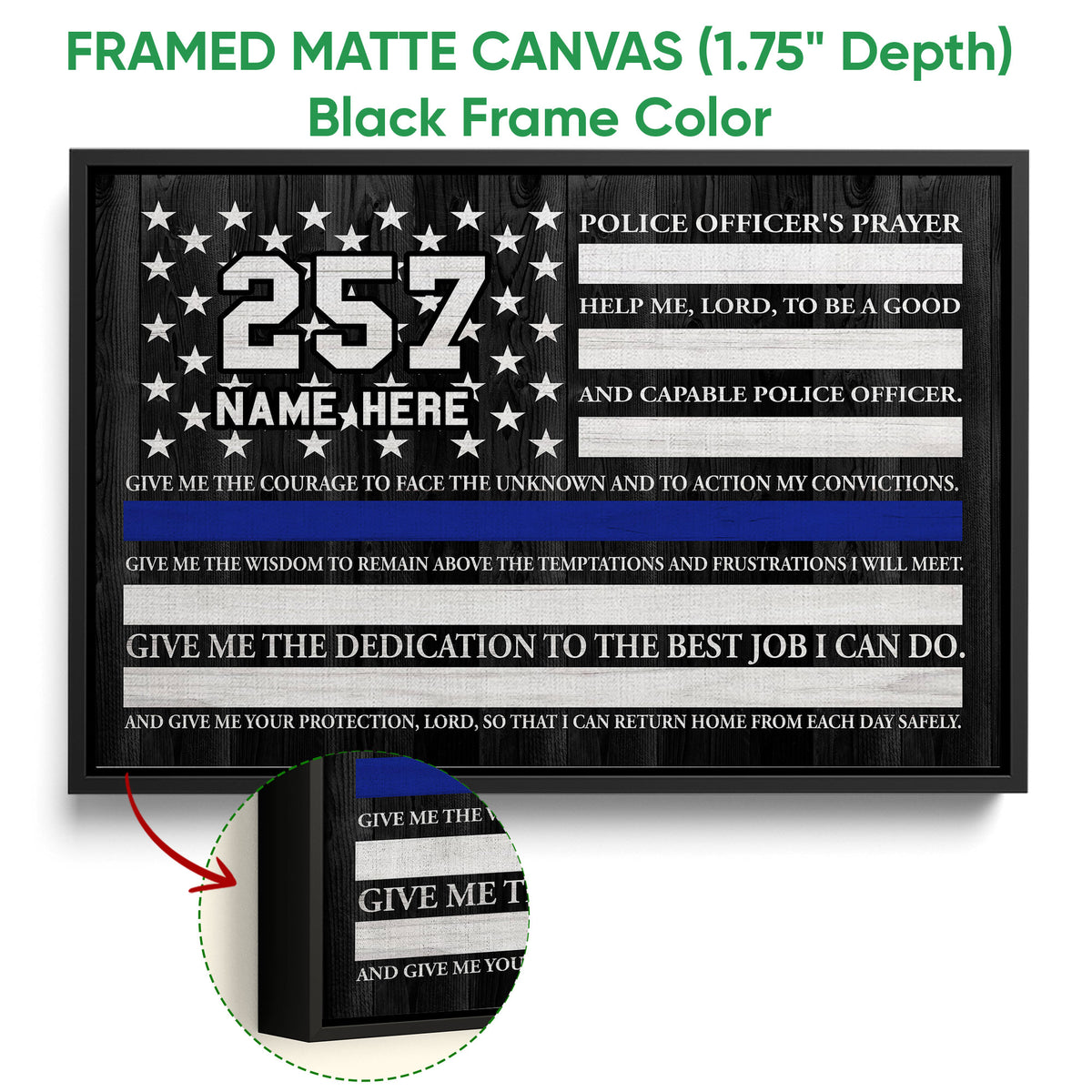 Framed police prayer canvas wall art shown with a black frame and close-up edge detail