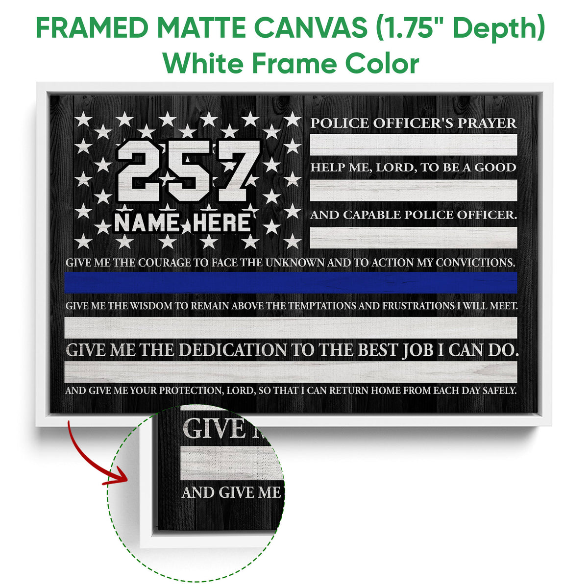 Framed police officer prayer canvas wall art shown with a white frame and close-up detail