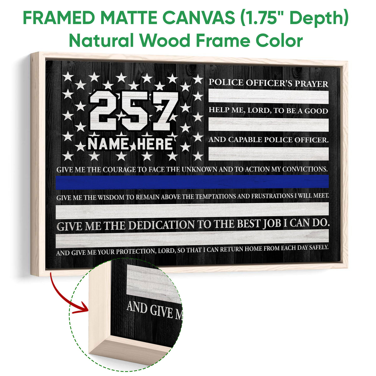 Framed police officer prayer canvas wall art shown with a natural wood frame and close-up detail