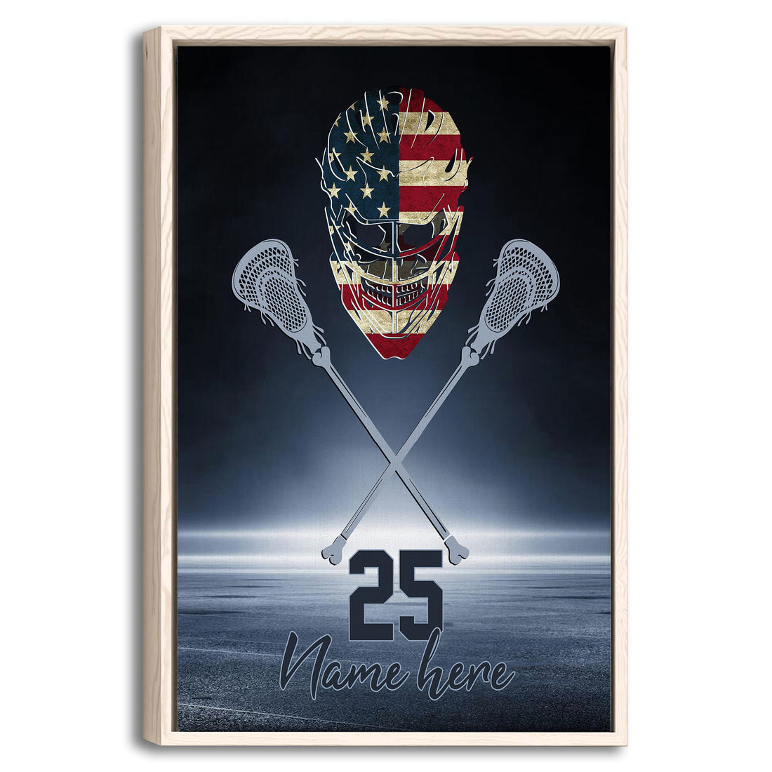 Framed lacrosse wall art with a goalie helmet, crossed sticks, and American flag colors