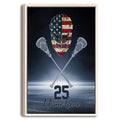 Framed lacrosse wall art with a goalie helmet, crossed sticks, and American flag colors