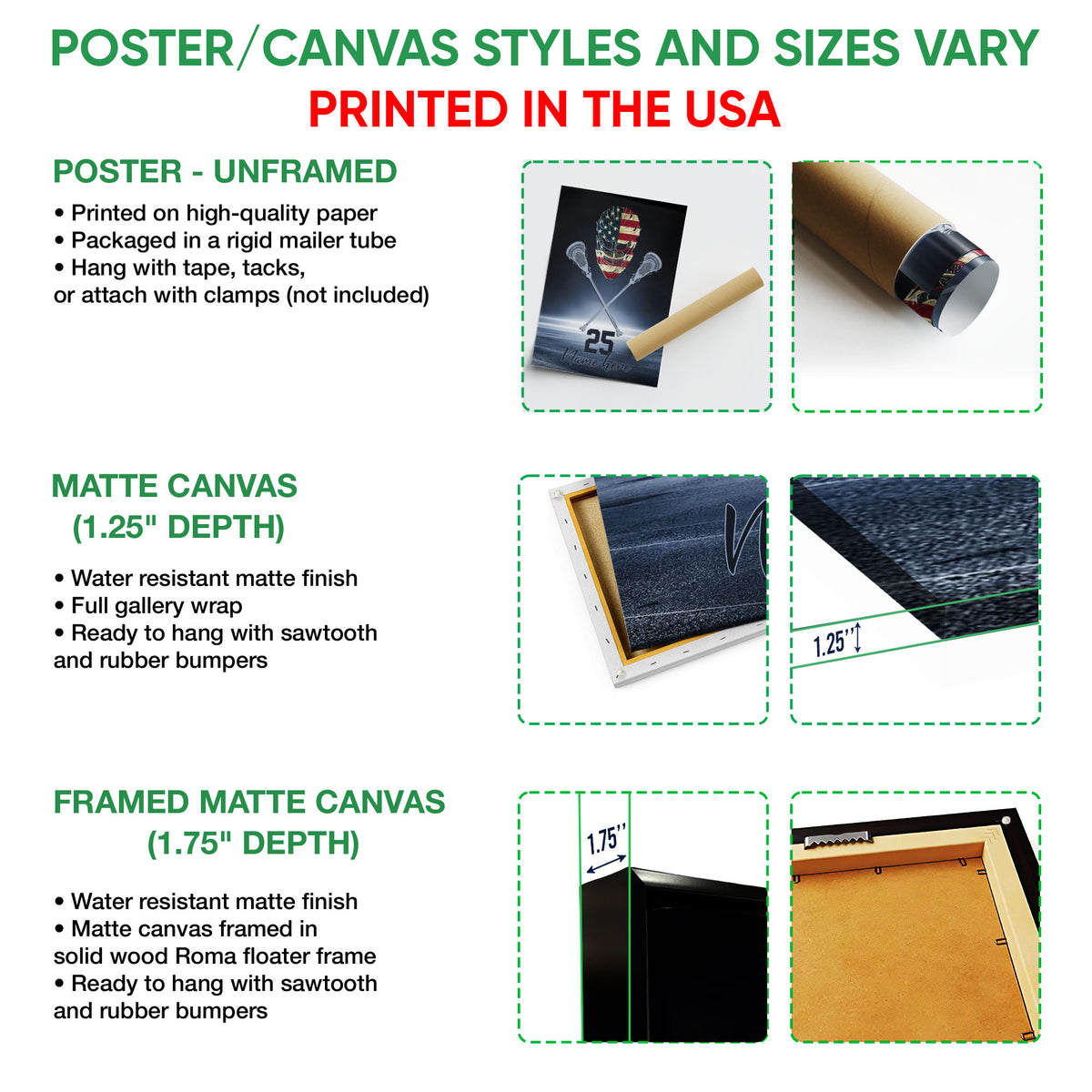 Lacrosse wall art poster and canvas format guide showing unframed, canvas, and framed options