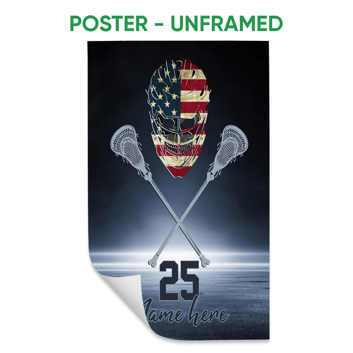 Unframed lacrosse poster featuring a goalie helmet, crossed sticks, and dark blue field backdrop