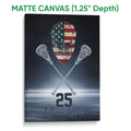 Matte canvas lacrosse wall art with a goalie helmet, crossed sticks, and patriotic colors