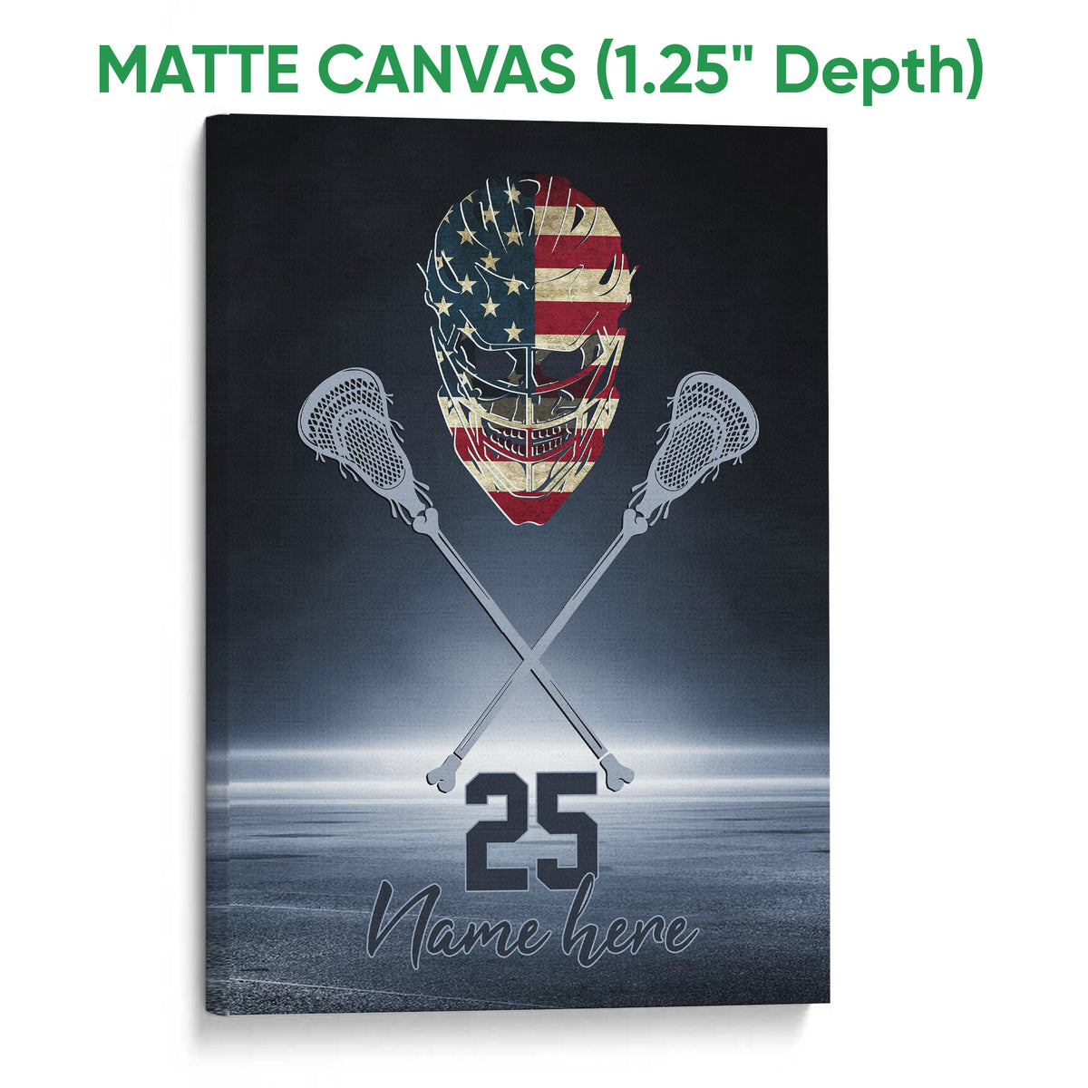 Matte canvas lacrosse wall art with a goalie helmet, crossed sticks, and patriotic colors