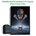 Black framed lacrosse canvas wall art with a goalie helmet and crossed lacrosse sticks