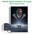 White framed lacrosse canvas wall art featuring a goalie helmet and crossed sticks