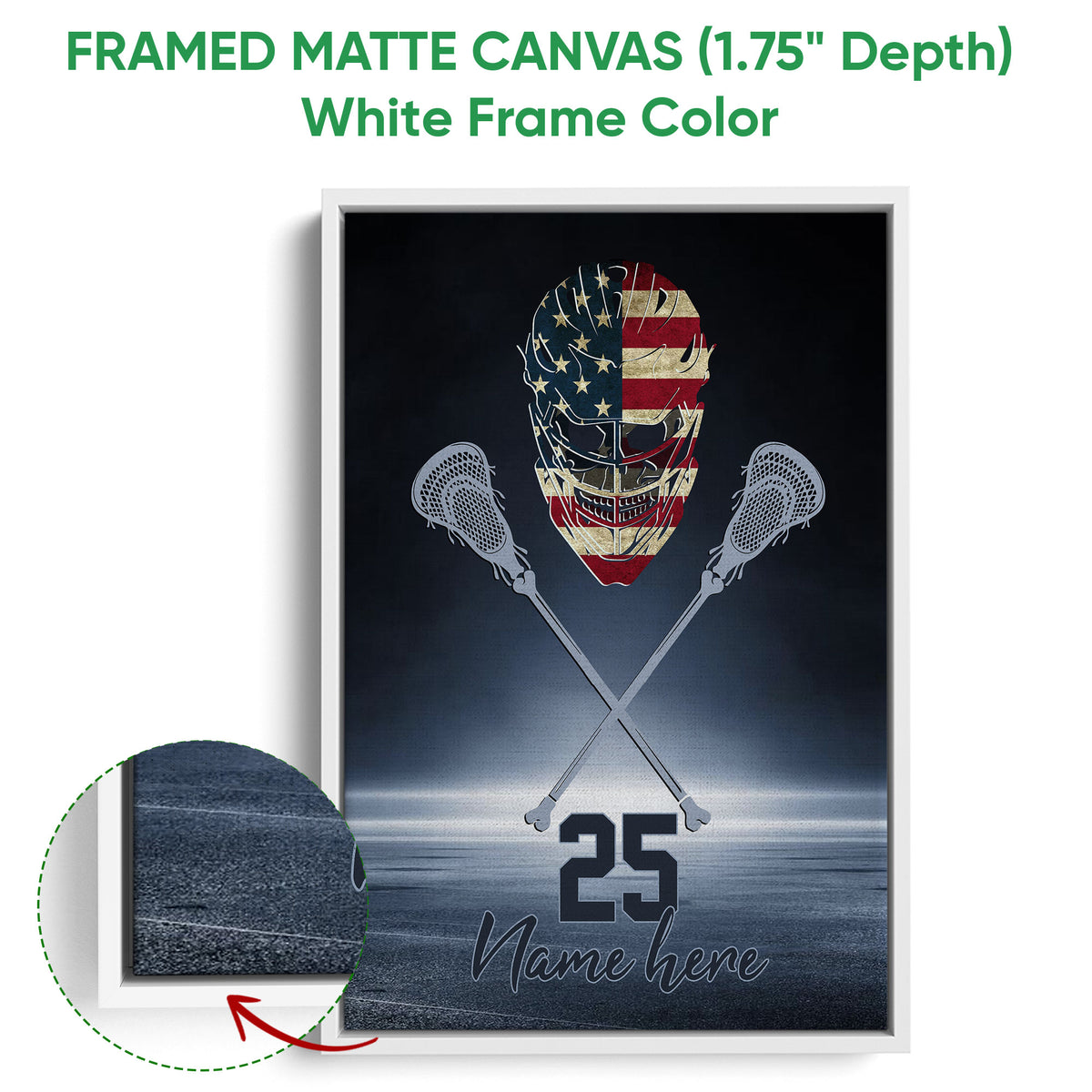 White framed lacrosse canvas wall art featuring a goalie helmet and crossed sticks