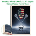 Natural wood framed lacrosse wall art with a goalie helmet and crossed sticks