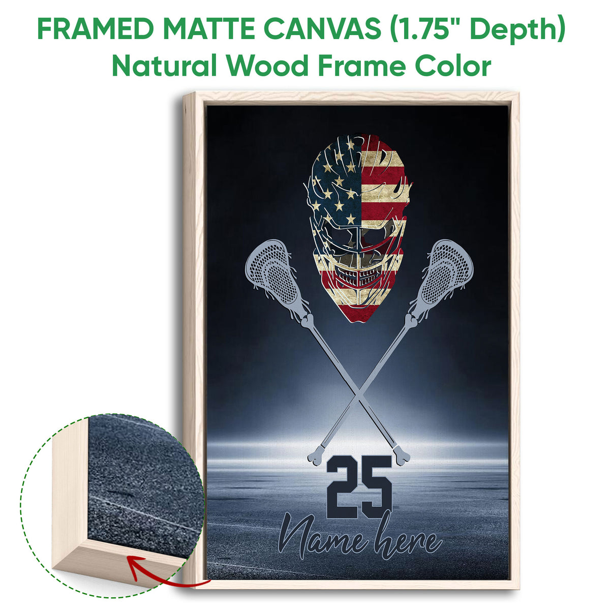 Natural wood framed lacrosse wall art with a goalie helmet and crossed sticks