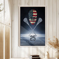 Lacrosse wall art displayed on a light wood-paneled wall in a bright home interior