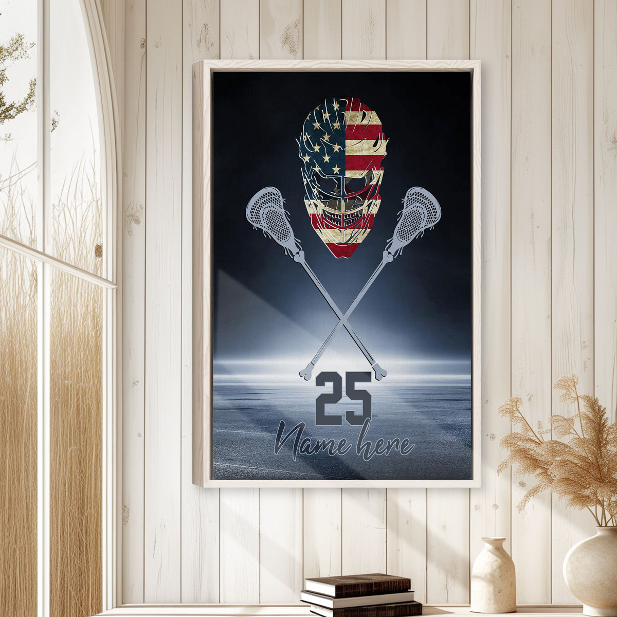 Lacrosse wall art displayed on a light wood-paneled wall in a bright home interior