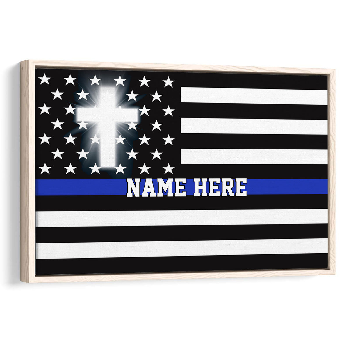 Framed police wall art featuring a thin blue line flag, stars, black and white stripes, and a glowing white cross