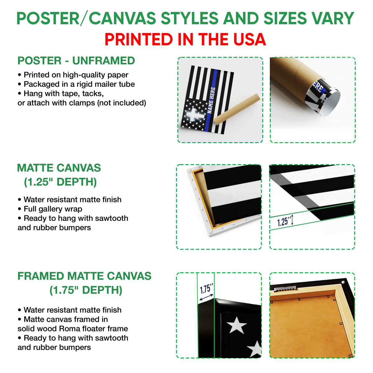 Police wall art format guide showing poster, matte canvas, and framed matte canvas presentation options