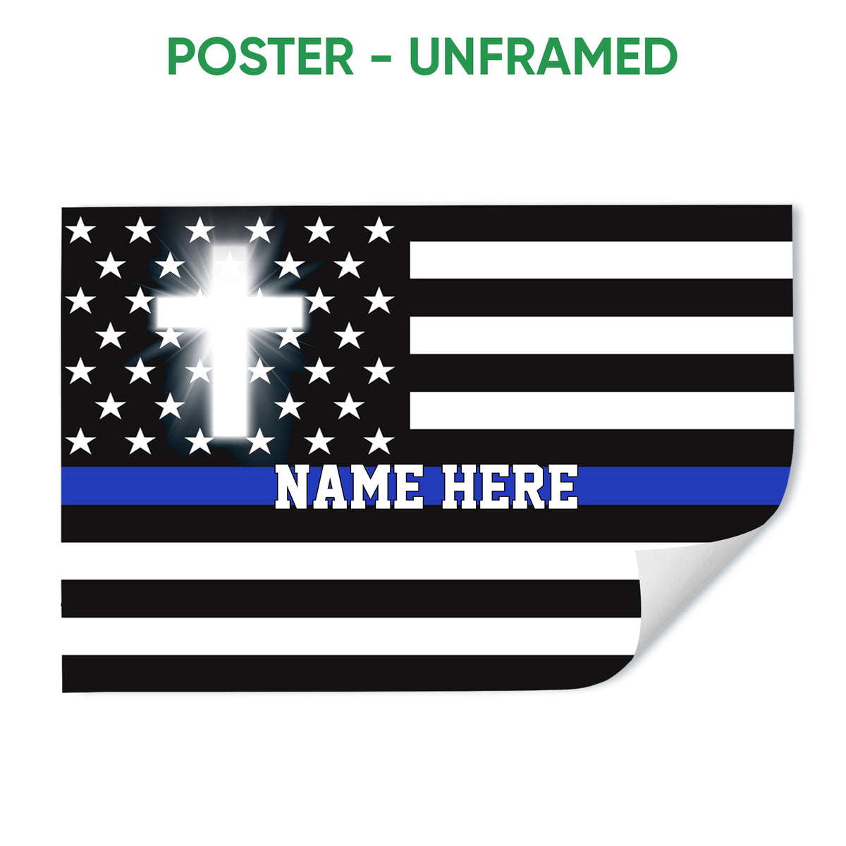 Unframed police poster with a thin blue line flag design, stars, black and white stripes, and a glowing white cross