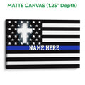Matte canvas police wall art displaying a thin blue line flag design with stars and black, white, and blue stripes