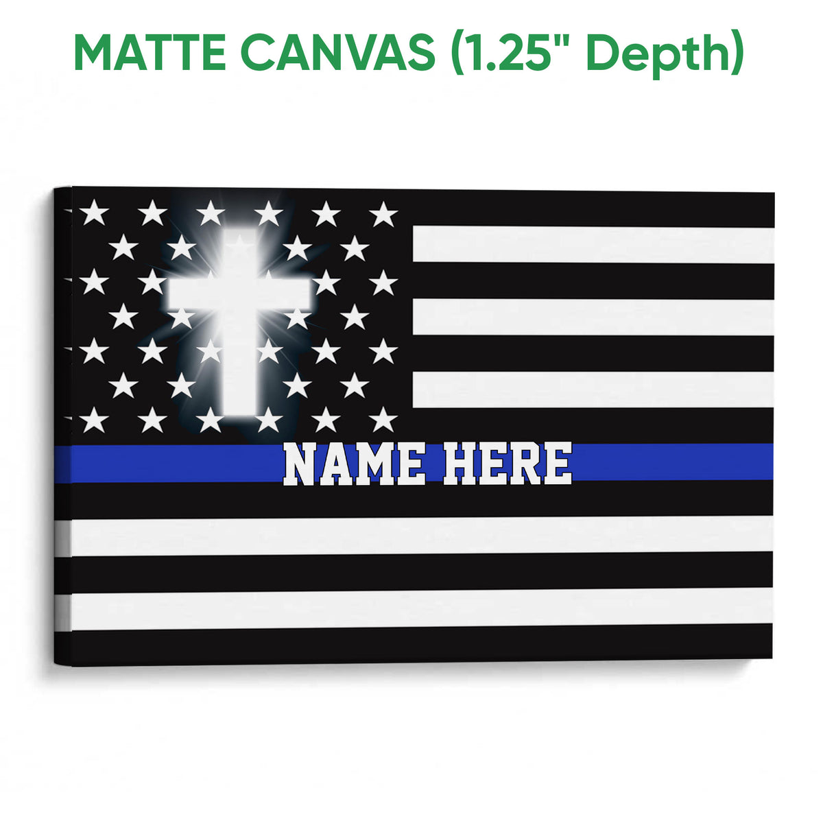 Matte canvas police wall art displaying a thin blue line flag design with stars and black, white, and blue stripes