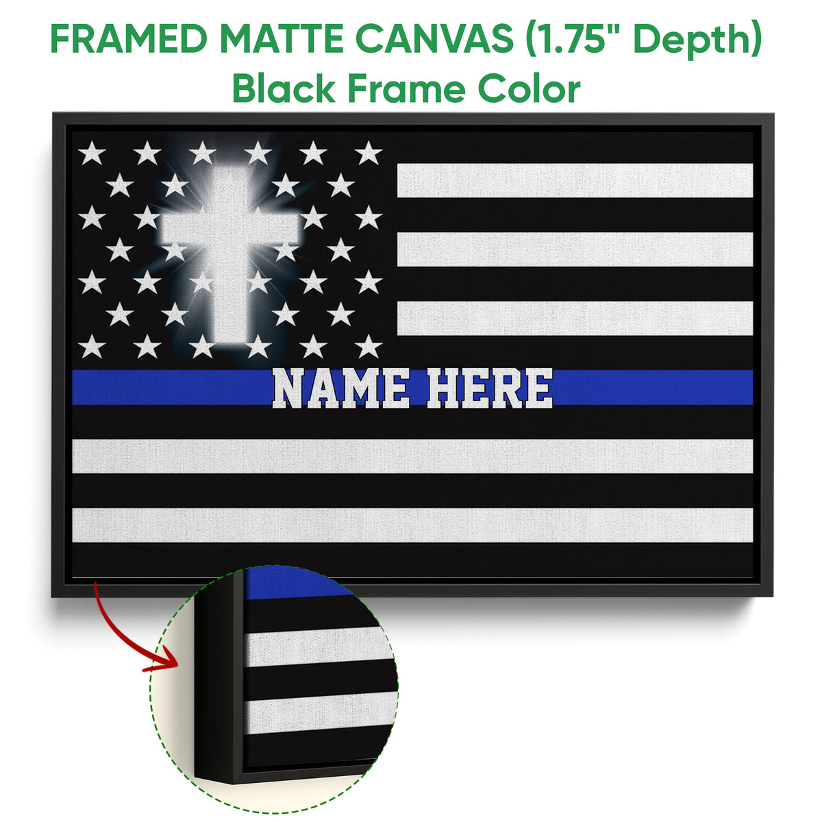 Black framed canvas police wall art featuring a thin blue line flag design and a close-up of the frame edge