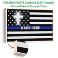 Natural wood framed police wall art featuring a thin blue line flag design and a close-up of the wood frame