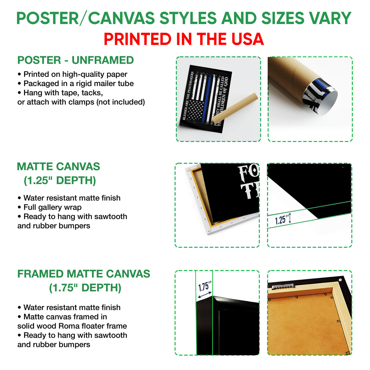 Poster and canvas option guide showing selectable unframed poster, matte canvas and framed canvas formats