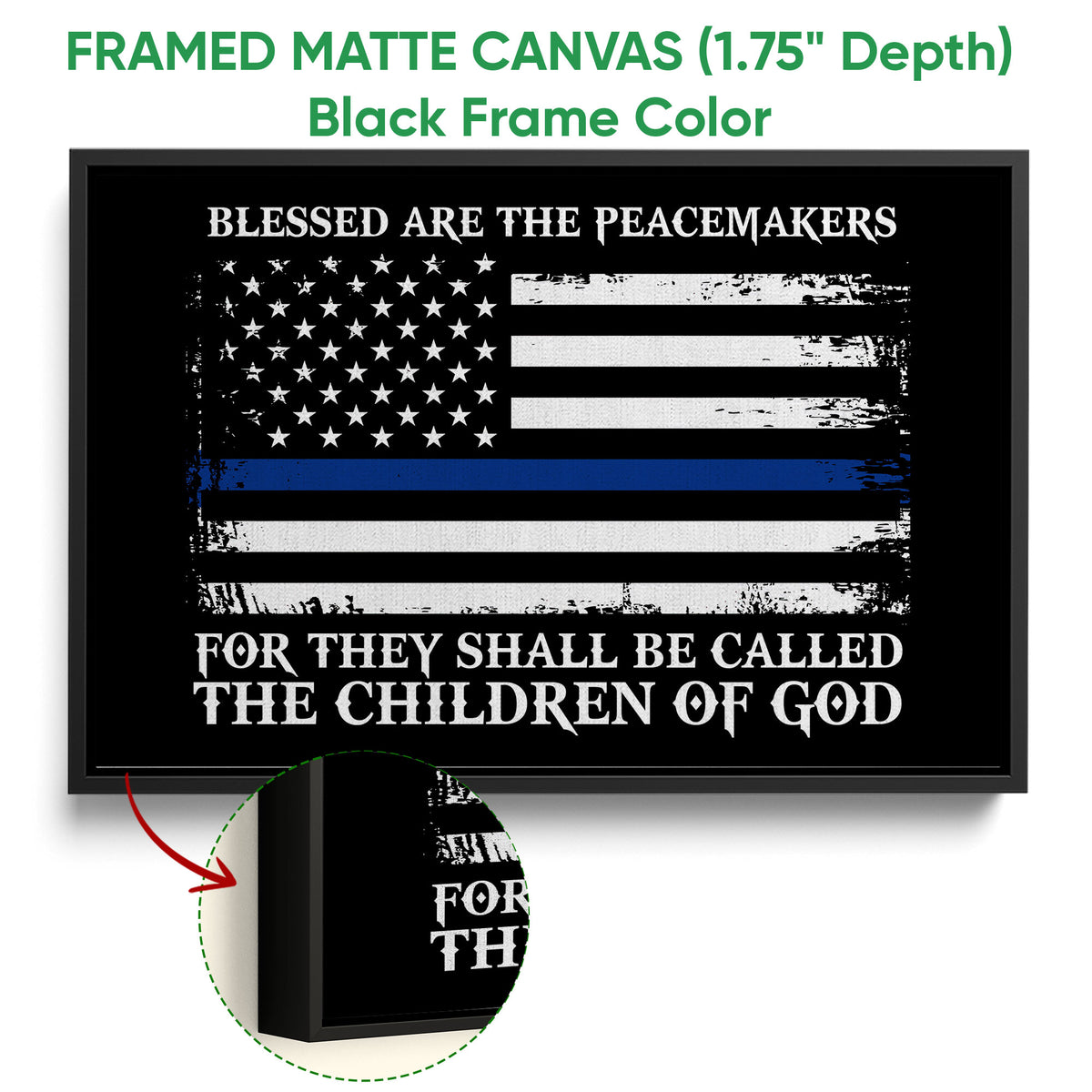 Black framed canvas wall art with a distressed blue-line flag and faith-inspired peace message