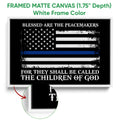White framed canvas wall art featuring a distressed black, white and blue-line flag design