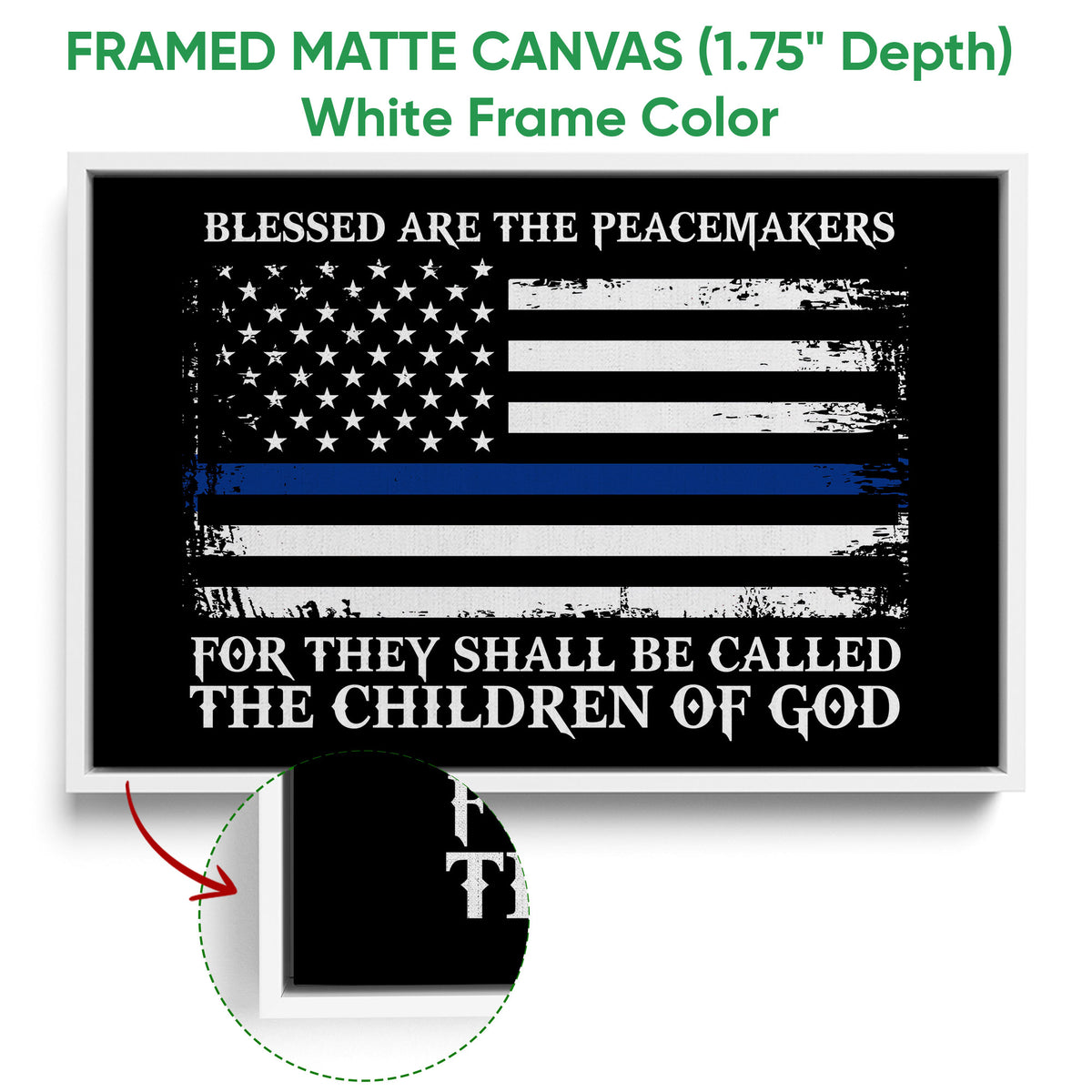 White framed canvas wall art featuring a distressed black, white and blue-line flag design