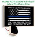 Natural wood framed canvas wall art with a distressed blue-line flag and bold white lettering