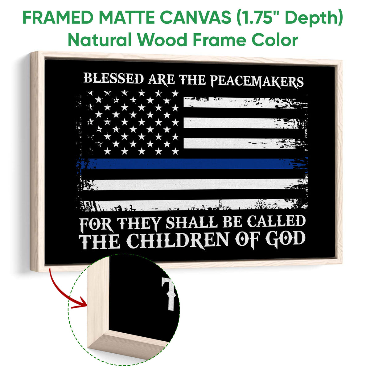 Natural wood framed canvas wall art with a distressed blue-line flag and bold white lettering