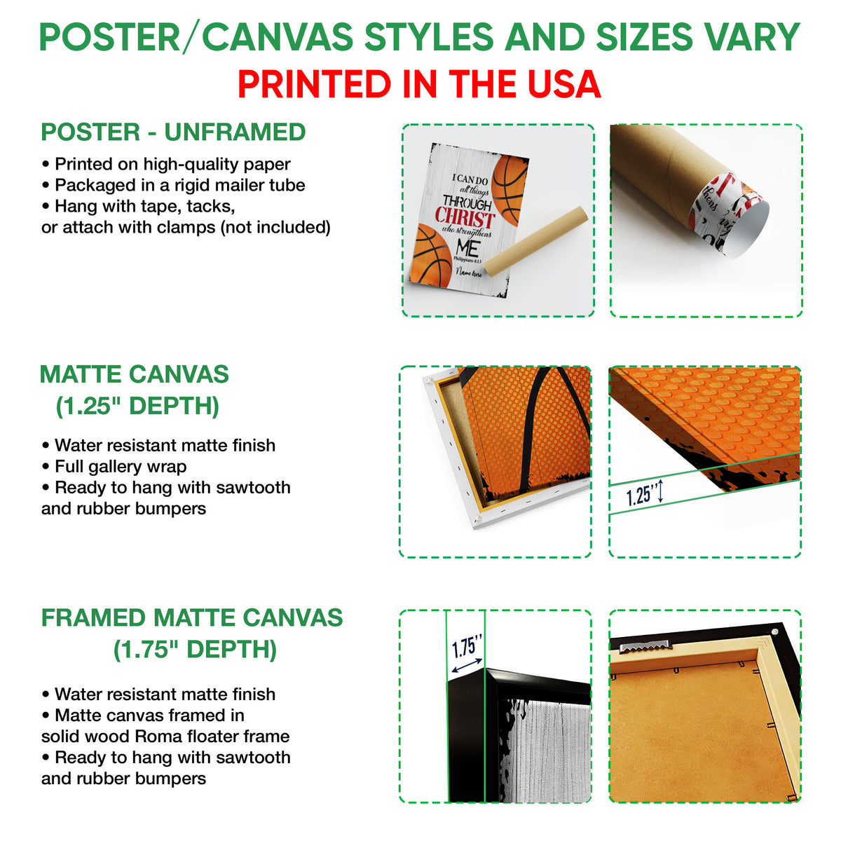 Poster and canvas wall art format guide showing unframed poster, matte canvas, and framed canvas options