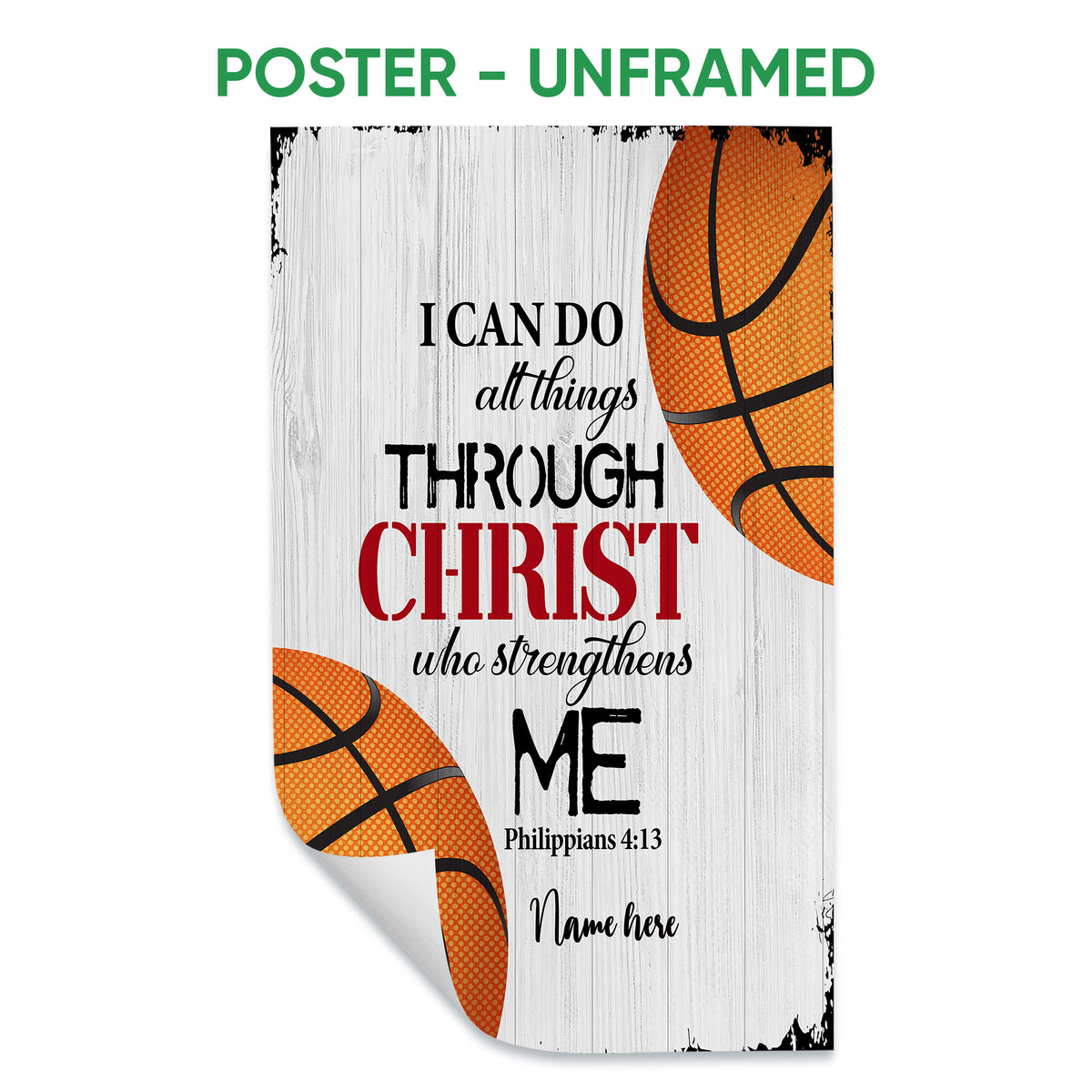 Unframed basketball poster with orange basketballs, wood texture, and a faith-inspired motivational message