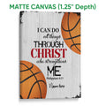 Matte canvas basketball wall art featuring orange basketballs and a faith-inspired design on a wood-look background