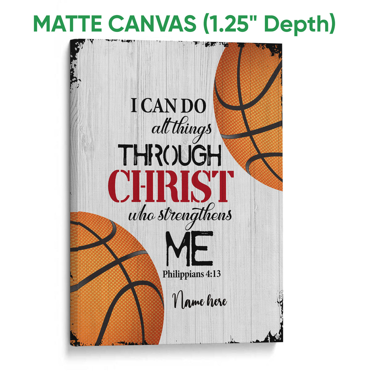 Matte canvas basketball wall art featuring orange basketballs and a faith-inspired design on a wood-look background