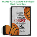 Black framed basketball canvas wall art with orange basketballs and a bold faith-inspired motivational design