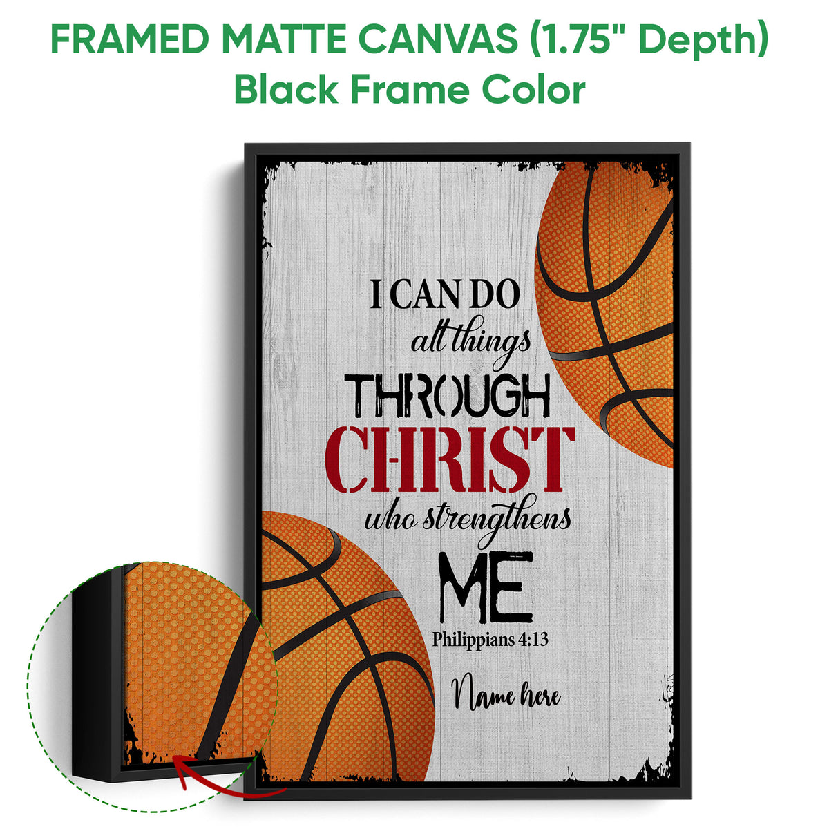 Black framed basketball canvas wall art with orange basketballs and a bold faith-inspired motivational design